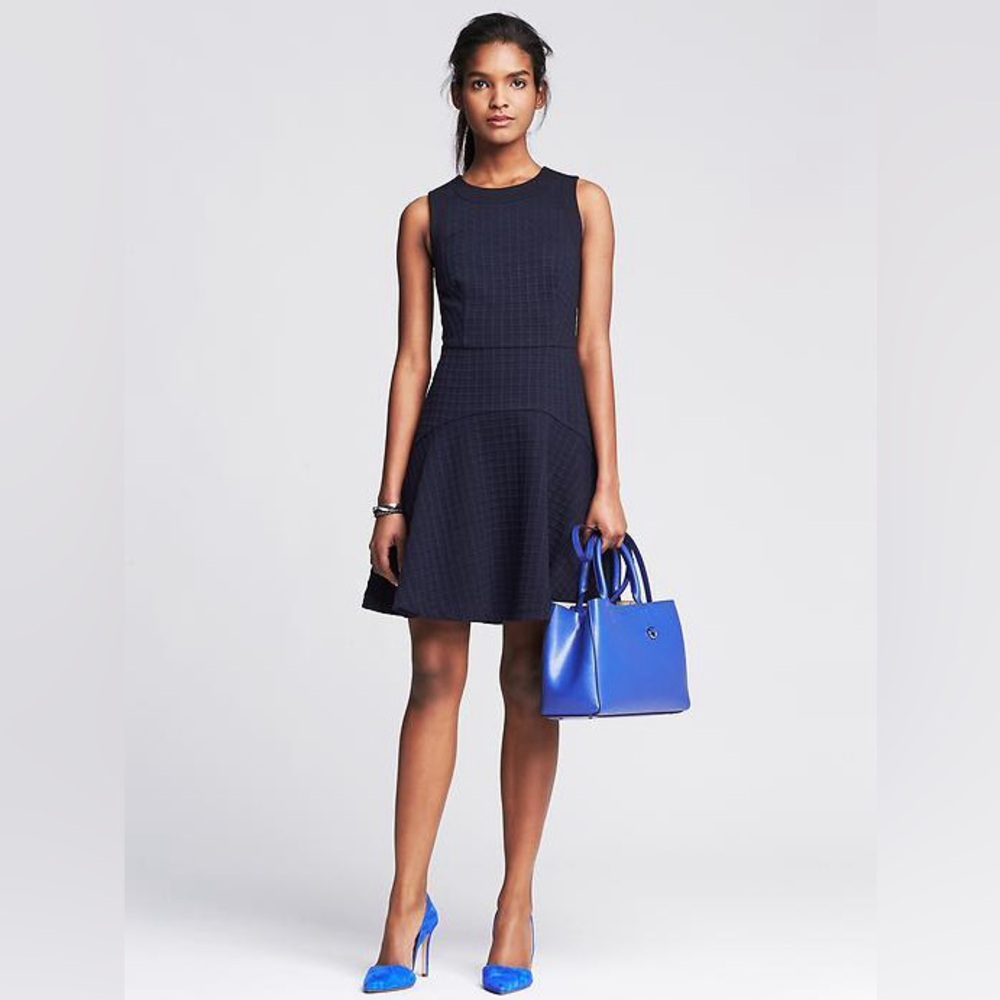 Banana Republic Black Square Jacquard Fit Flare Sleeveless Dress 6